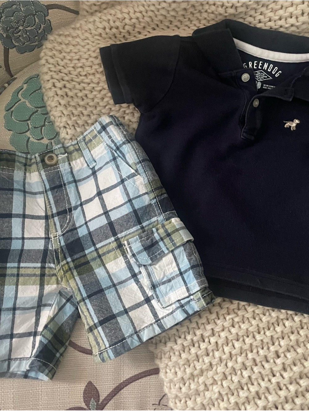greendog Navy Polo W/Small Gold Dog Embroidery W/Crazy 8 Cargo Shorts